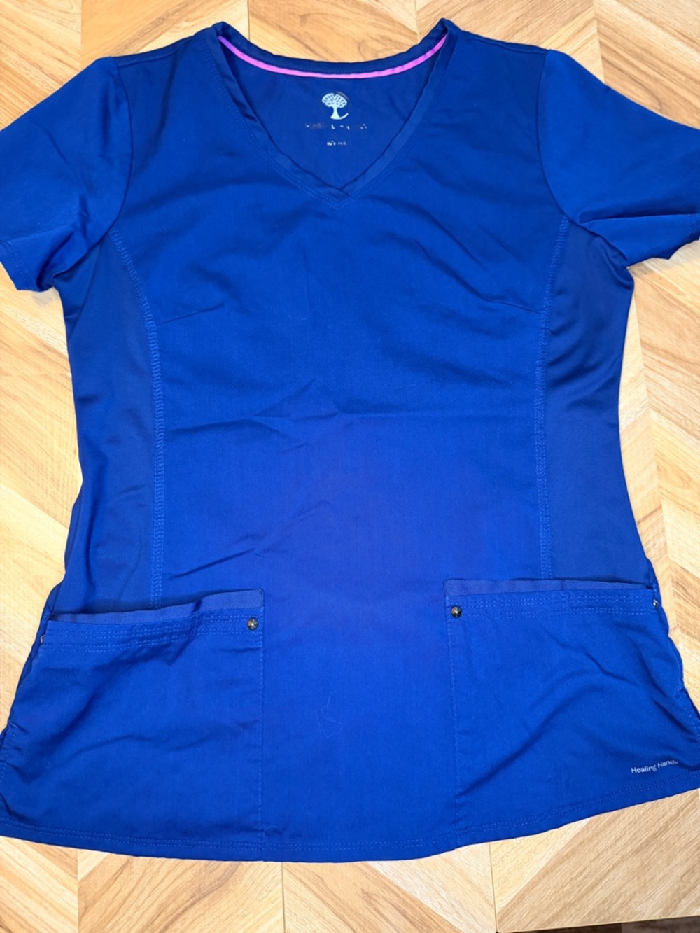Navy Blue V-Neck Healing Hands Scrub Top with Front Pockets